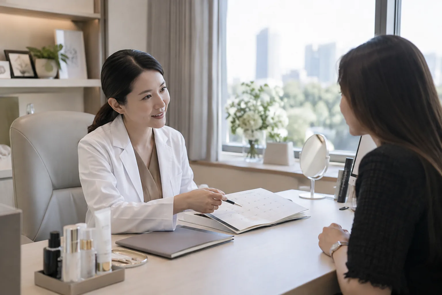 醫師與患者在診間討論諮詢時程